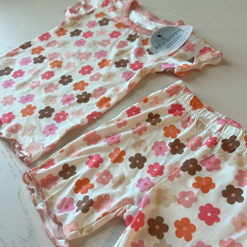 Milkberry Toddler Girl Bamboo Short Pajama Set Pink Retro Floral 3T